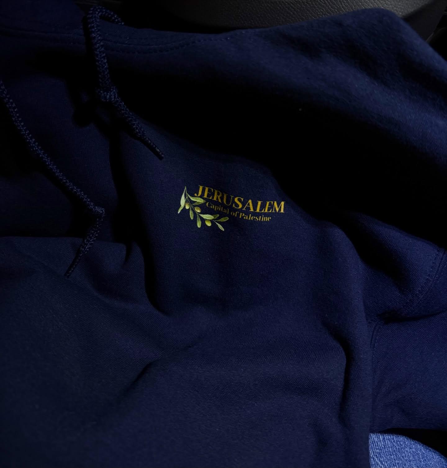 Jerusalem navy hoodie detalj från RFA Apparel