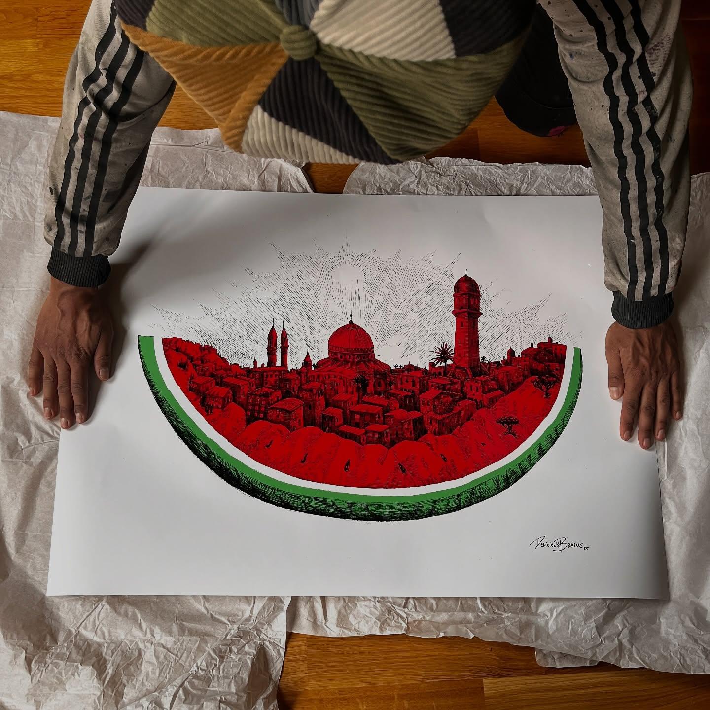 Vattenmelonen i Gaza-rondellen muralmålning av Delicious Brains