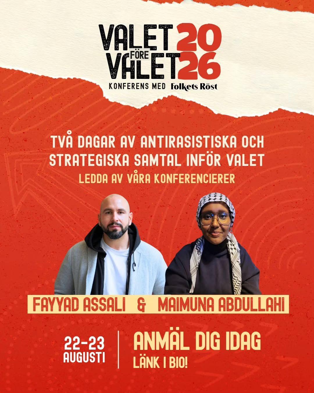 Event poster-Två dagar av antirasistiska och strategiska samtal inför valet, ledda av våra konferencierer Fayyad Assali och Maimuna Abdullahi